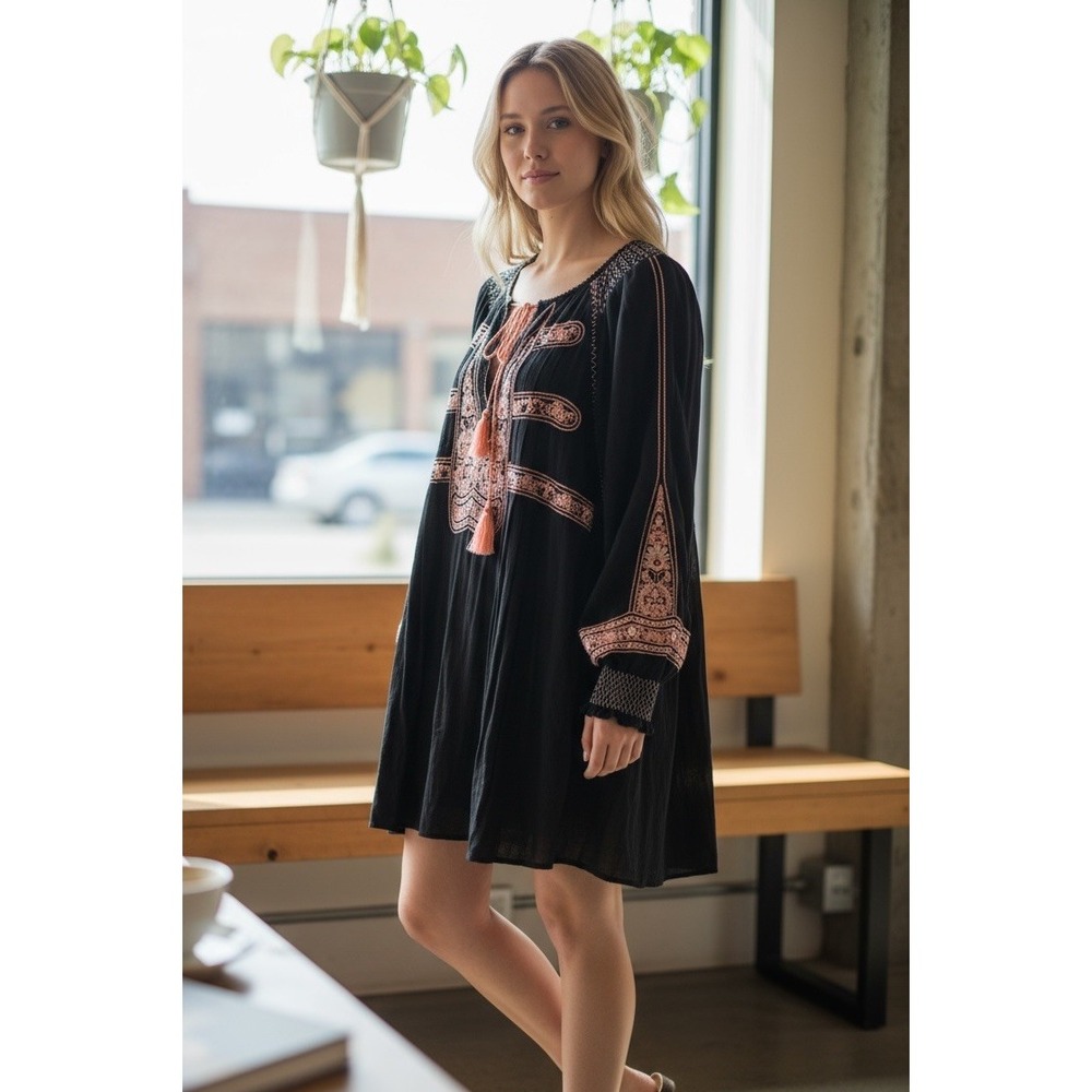 Free People Black Wind Willow Mini Dress BOHO w/Embroidery‎ Peasant Style Sz S - Picture 2 of 14